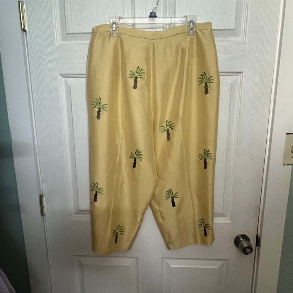 Vintage Yellow Silk Embr. Palm Tree Crop Capri Pants Sz 16 W Wst 36 Coast Grand
